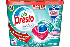 Bio Presto Power Caps Hygiène, Lessive Laveuse Prédosée en Capsules avec fonction Hygiène & Fraîcheur, Pack de 20 Lavages - 260 g