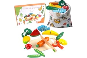 HVDHYY Wooden Toys Pretend Play Food set for Kids Kitchen Velcro Wooden Fruit and Vegetables for Children on Christmas Birthday Halloween Children's Day Present with a Reusable Storage bag