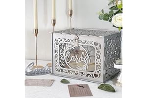 OurWarm Silver Wedding Card Box with Lock, Wood Gift Card Box Holder with Clear Window and String Light Design, DIY Envelope Money Card Box for Wedding Reception Birthday Party Graduation Decorations