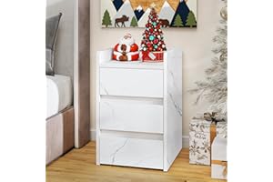 YITAHOME Bedside Table with 3 Drawers and Power Station, Modern Nightstand End Table, Water-Resistant Storage Side Table for Living Room and Bedroom, 35 x 40 x 59cm (Marble White)