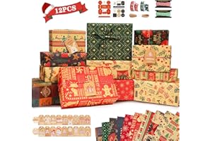 Hymarvo Papel Regalo Navidad Infantil, 12 Hojas Papel Envolver Navidad Kraft 50*70cm100*70cm, Reciclable Vintage Wrapping Paper Christmas con 20 Etiquetas, Rollo Vert Rojo Cintas,Pegatinas Adhesivas