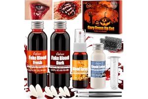 Faux Sang Halloween, Maquillage Effets Spéciaux Realiste- 58ml Sang Frais, 58ml Sang Foncé Artificiel Lavable, 28ml Spray Sang, 28ml Latex Liquide, Dents de Vampire, Makeup SFX de Cicatrices Zombie