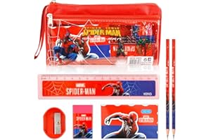 CRZYPLEA 7 Pezzi Cancelleria dei cartoni animati Set,Cancelleria Per Regalo Bambini,Include Righelli, Gomma, Quaderno e Matite,Regalo di Compleanno per Bambini Regalo di Natale (Rosso)