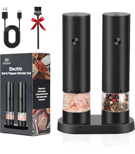 LARS NYSM zout- en pepermolen elektrische set van 2 met instelbare keramische molen van grof naar fijn I Design kruidenmolen set automatisch (2 stuks) (Taupe Brown