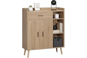 HOMCOM Aparador de Salón Moderno con 2 Puertas 1 Cajón y 3 Estantes Abiertos Mueble Auxiliar de Almacenaje para Cocina Dormitorio Entrada Antivuelco 80x30x96,5 cm Natural