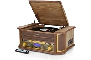 Denver 9-in-1 Retro Vintage DAB Bluetooth Wooden Radio Record Player With Speakers – DAB+ Radio, FM, Record Player, Cassette & CD Player, AUX IN, MP3 USB Recording, AUX IN And Line Out - MRD-51BT