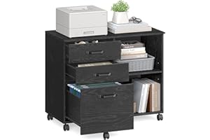 ‎VASAGLE VASAGLE kontener na kółkach, z 3 szufladami i kółkami, otwarte kieszenie, na dokumenty w formacie DIN A4, litery, stojak na drukarkę, czarny z rysunkiem słojów drewna OFC041B56