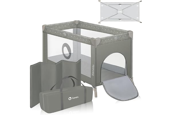 LIONELO Stefi Resesäng & Hopfällbar Spjälsäng för Baby 0–36 mån, 126×67 cm | Mjuk Madrass och Transportväska, Sidoingång, Ventilerande Nätväggar, Hjul med Broms, upp till 15 kg