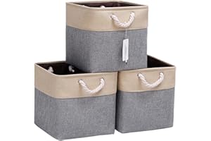 CREADARD Fabric Cube Storage Box Set of 3, 13x13x13 inch Foldable Linen Cube Storage Basket for Nursery and Home, Collapsible Canvas Shelf Basket for Wardrobe or Bedroom, Grey and Beige