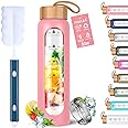 Aqulea Glass Water Bottles 32 Oz with Silicone Sleeve - BPA Free Reusable Wide Mouth Glass Motivational Water Bottles with Fruit Infuser – Leak Proof Borosilicate Water Bottle with Time Marker (Pink)