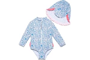 BONVERANO Traje de baño de una Pieza para niña, Mangas largas, protección UV 50+ con Gorra