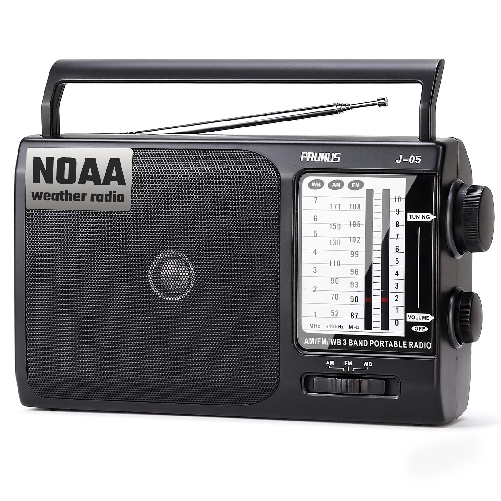 J-05 Portable AM FM Radio NOAA Weather Transistor Radio with Excellent Reception, Battery Operated by 3X D Cell Batteries or AC Power for Household & Outdoor, by Prunus
