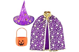 FSSPLJHYJ Mantello da Strega di Halloween Costume di Halloween per bambini Halloween Costume Strega Mago Mantello per Bambini Mantello Wizard con Cappello Candy Bag per Ragazzo e Ragazza