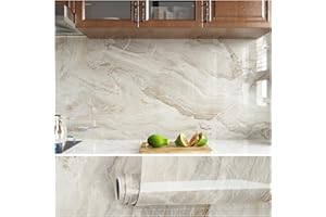 VEELIKE Papier Peint Marbre Beige Epais Papier Adhesif Marbre Vinyle Adhesif Cuisine Lavable Papiers Peints Adhesif Mural Salon Stickers Muraux Salle de Bain Autocollant Meuble 40cm × 300cm
