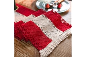 Weldomcor Macrame Runner Beige e Rosso Boho Runner con nappe Tessuti a mano in cotone Runner Rustico Agriturismo Runner per la cucina della Boemia Tavolo da pranzo (30x240cm)