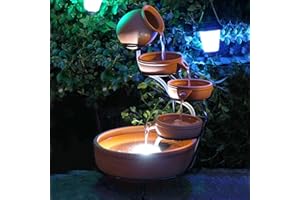 Aqua Moda Solar Water Feature Terracotta Cascade Water Feature With Solar LED Lights, Brown