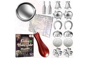 KENVORA Zinngießen Set Silvester Spiele 2026-14 Zinnfiguren und 1 Löffel, Silvester Glücksbringer Geschenke, Neujahrsgeschenke Gesunde Alternative zum Bleigießen für Partyspiele Deko