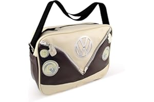 BRISA VW Collection - Volkswagen elegante borsa a tracolla regolabile, unisex, retrò/vintage, Camper T1 Bus design (Fronte Bus/Marrone/similpelle)