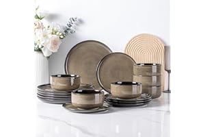 LeRatio Dinner Set for 6, 18 Pieces Stoneware Plates and Bowls Set, Chip & Scratch Resistant Reactive Glazed Dinnerware Set, Dishwasher & Microwave Safe Crockery Set, Chocolate Malt