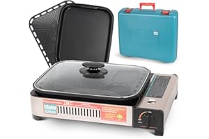 Z.M.C Hornillo de gas 2 en 1 y parrilla de gas, incluye parrilla, sartén, tapa de cristal y maletín, hornillo de camping para interior y exterior, hornillo de gas de camping múltiple