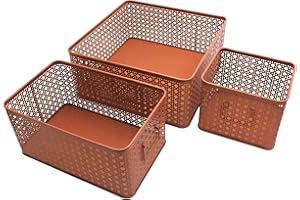 Box and beyond - Lot de 3 Paniers de Rangement - 32 x 32 x 14 cm - Métal Terracotta - Motif Cannage - Rangement, Déco - Cuisine, Séjour, Salle de bain, Salon, Chambre - Style Moderne et Chic