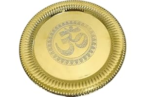 GAVYA INTERNATIONAL Om Brass Etching Pooja Thali Plate for Home temple Puja Aarti with Om Symbol for Diwali Ladoo gopal bhog plate and for Religious thanksgiving Wedding Navaratri Navratri housewarming gift (8 inch)