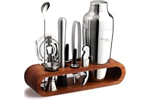 Mixology & Craft Cocktail Set (10-tlg.) - Edles Cocktail Shaker Set mit Shaker aus Edelstahl und Bar Zubehör im Holzständer aus Mahagoni - Dekoratives Geschenkset - Silber