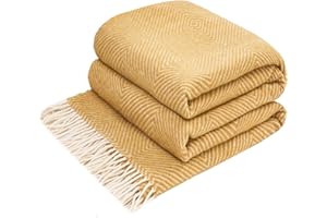 ‎LYHOME LYHome Merino Decke - Kuscheldecke Tagesdecke Sofa Wolldecke, Blanket Überwurfdecke Sofadecke Wohndecke, Flauschige Couchdecke Merinodecke, Flauschig Warm Plaid (140x200 cm | Senfgelb mit Weiß Rauten)