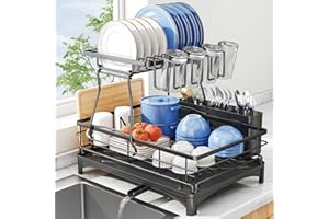 Kitstorack Escurreplatos, De 2 Niveles Grande Escurreplatos sobre Fregadero, Escurridor De Platos con Bandeja Recogegotas Y Portacubiertos para La Vajilla,Negro