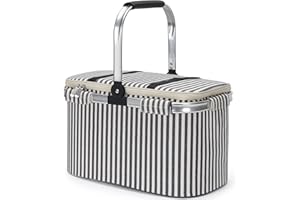 HappyPicnic 25L isolierte Kühltasche mit faltbarem Aluminiumgriff, Picknickkorb mit wasserdichter Picknickdecke für Outdoor-Camping (Streifen)