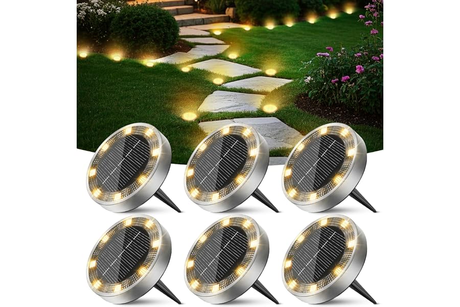Peasur Solar Bodenleuchten Aussen 6 Stück Warmweiß | 8 LED Wetterfest Solarlampen für Außen Garten, Solarleuchten Gartenbeleuchtung für Boden Weg Rasen Gehweg Beet Blumentopf