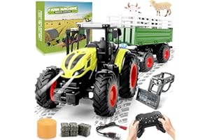 YOOHBERRYS Tracteur Télécommandé Enfant, 2.4 GHz Tracteur Jouet avec Remorque Électrique et Éclairage, Jouet Ferme pour 3 4 5 6 7 Ans Garçons Filles Cadeau d'anniversaire