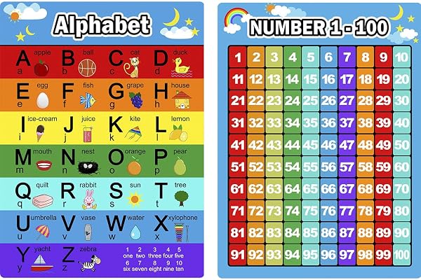 Bememo Alphabet Lettres Tableau et Chiffres 1-100 Graphique, 2 Pièces Affiches Éducatives Affiches d'apprentissage Préscolaire pour Les Tout-Petits et Les Enfants