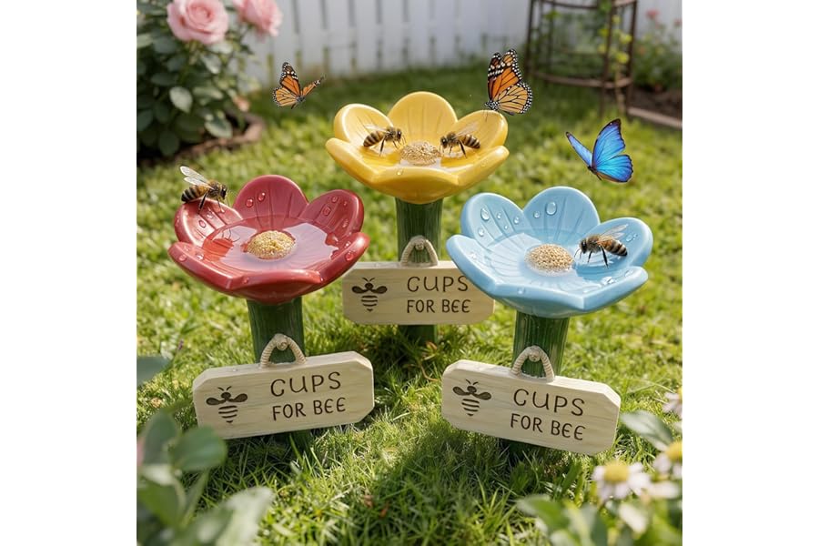 3Pcs Cups for Bees, Flower Shaped Bee Watering Station for Garden, Colorful Bee Cup for Thirsty Pollinator Garden UK Outdoor Drinking Feeder with Stake Base for Yard Lawn Patio Decor