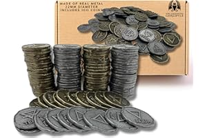 THE GRINNING GARGOYLE Fake Money Metal DnD Coin Set - Perfect Dungeons + Dragons Gifts & Treasure Chest Surprise - 100 Realistic Gold & Silver Coins with Elemental Symbols - Ideal for Cosplay & Board Games