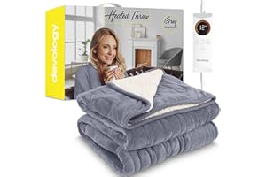 Devology Heated Throw - Electric Blanket - Digital Controller - Timer up to 12 hours, 6 Heat Settings, Auto Shutoff - Machine Washable - Single 130x160cm - Grey Shearling