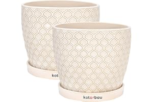 KOTARBAU® 2 x Macetas de cerámica esmaltada, Ø 15cm, Tiesto decorativo para plantas, Macetero con plato redondo para Interiores, Minimalista, Crema, Beige, Macetas elegantes, estilo clásico, Maceteros