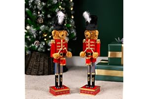 MARCO PAUL INTERIORS Marco Paul 2 x Deluxe Großer Teddybär mit Trommelumzug Nussknacker Weihnachten Ornament Holz Innen Groß 60cm Nussknacker Xmas Statue Traditionelle Festliche Figur Neuheit Dekoration