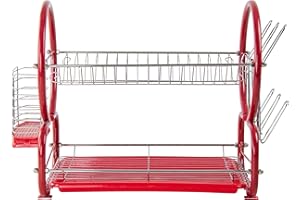 SQ Professional Dish Drainer | 2 Tier Aluminium dish drying rack | Dish Drainer with Detachable Plastic drip tray |Utensil and Cup Holder |Dish rack for Kitchen Countertop (Red)