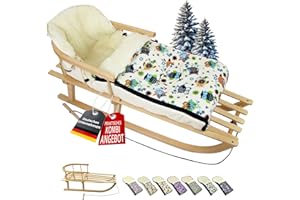 ‎BAMBINIWELT BY RAFAEL K. BAMBINIWELT Kombi-Angebot Holz-Schlitten mit Rückenlehne & Zugseil + universaler Winterfußsack (108cm), auch geeignet für Babyschale, Kinderwagen, Buggy, aus Wolle im Eulendesign