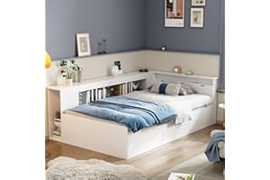 Rtopsu Einzelbett Kinderbett 90x200 cm mit Stauraum Schubladen und Bücherregal, Multifunktionales Bett mit Stauschrank und Lattenrost aus Holz, Bettkasten mit Stauraum, Weiß, Ohne Matratze