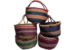 CIFFRE Duży okrągły kosz Bolga oryginalny afryka Ghana koszyk na zakupy skórzany uchwyt Fair Trade Ca: 35-40 cm