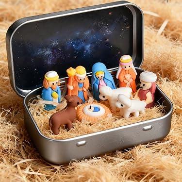 Crèche De Noël Miniature - Boîte En Fer Blanc Avec Figurines En Résine - 9.5x6 Cm - Décoration Religieuse Maison - 7