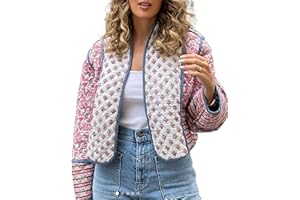 SANSIWU Women's Cropped Puffer Jacket Floral Print Padded Quilted Coat Long Sleeve Lightweight Vintage Padded Jacket Outerwear