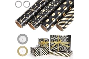 GuKKK Papier Cadeau 43cm x 3M, 4 Rouleaux De Papier d'emballage Cadeau et 2 Rouleaux de Ruban, Papier Cadeau Rouleau Anniversaire, pour Anniversaire, Noël, Vacances, Mariage, Cadeau de Naissance