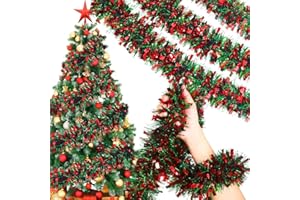DOKRIN Guirnaldas y oropeles de navidad,4 tiras decorativas navideñas, adornos navideños rojos y verdes, cintas festivas y tiras con burbujas (4 x 2 m)