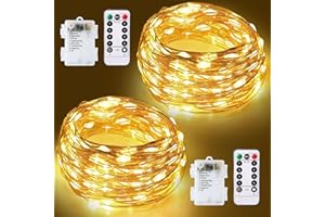 ZYRIVON Guirlande Lumineuse,[2 Pièces]12M 120 LED 8 Modes, Minuterie Dimmable avec Télécommande, IP65 Étanche Fil Cuivre Fairy Lights Pile, Blanc Chaud,pour Intérieure Extérieure, Chambre,Maison,Jardin,Noël