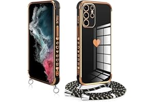Vauki Funda con Cuerda para Samsung Galaxy S22 Ultra 5G, Love-Heart Patrón Galvanoplastia Carcasa, Suave Silicona Correa Colgante Collar, Protección Case con Cordón para Samsung S22 Ultra 5G