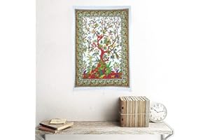 AVA Collections Hippie Wall Art White Orange TREE OF LIFE Wall Hangings Tapestries Indian Cotton Wall Art Hippie Bohemian Boho Table Cover Living Room Home Decor (White, 40 x 30 inches)