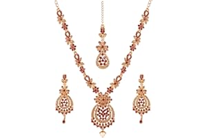 Touchstone Indian Bollywood Floral Inspired Rhinestones Designer Bridal Jewelry Necklace Set for Women in Antique Gold Tone.